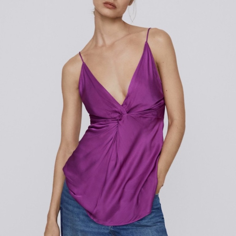 New!! Y2K ZARA Magenta Satin V Neck Top size Medium- Barbiecore-